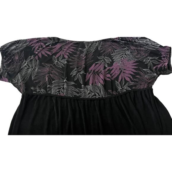 YUMMY PLUS SCOOP NECK MIDI A-LINE WAIST DRESS, WOMENS, 2X, BLACK W/PURPLE FLORAL - Picture 7 of 10